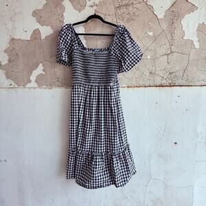 Gingham Smocked Midi Dress Puff Sleeve Cotton Ruffle‎ Hem Pockets Size L